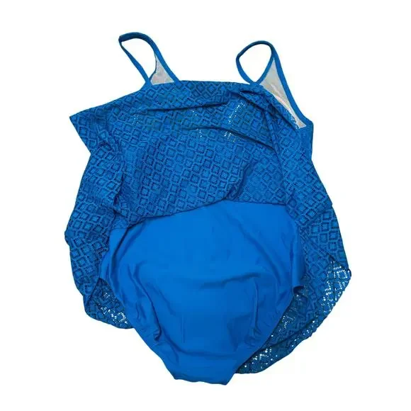 Alisha Levine Blue Swim Dress One Piece Lace Overlay Size 16 - Picture 3 of 7